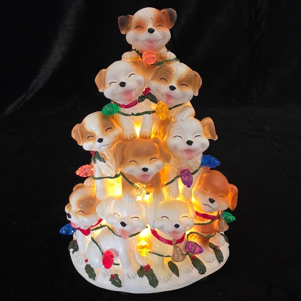 iHeartDogs Lighted Puppy Pyramid Christmas Tree Resin Tabletop Figurine Decor‎